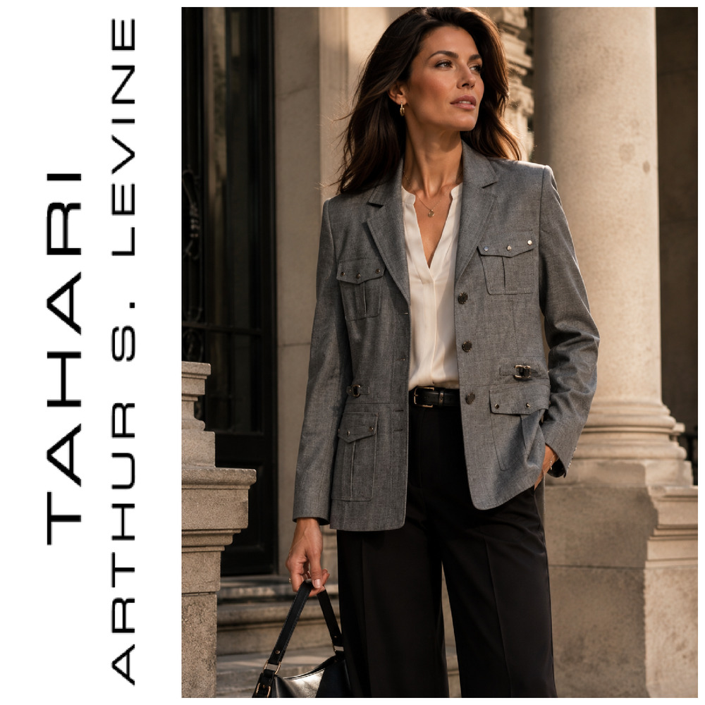 Tahari Sz 18 Gray Safari Utility Cargo Jacket Blazer Rayon Career Arthur Levine